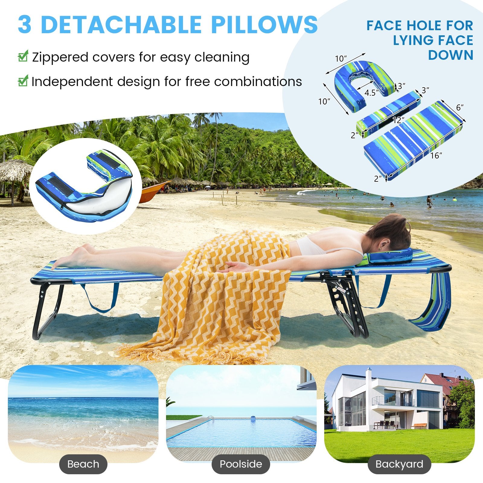 Beach Chaise Lounge Chair with Face Hole and Removable Pillow, Blue & Green - Gallery Canada