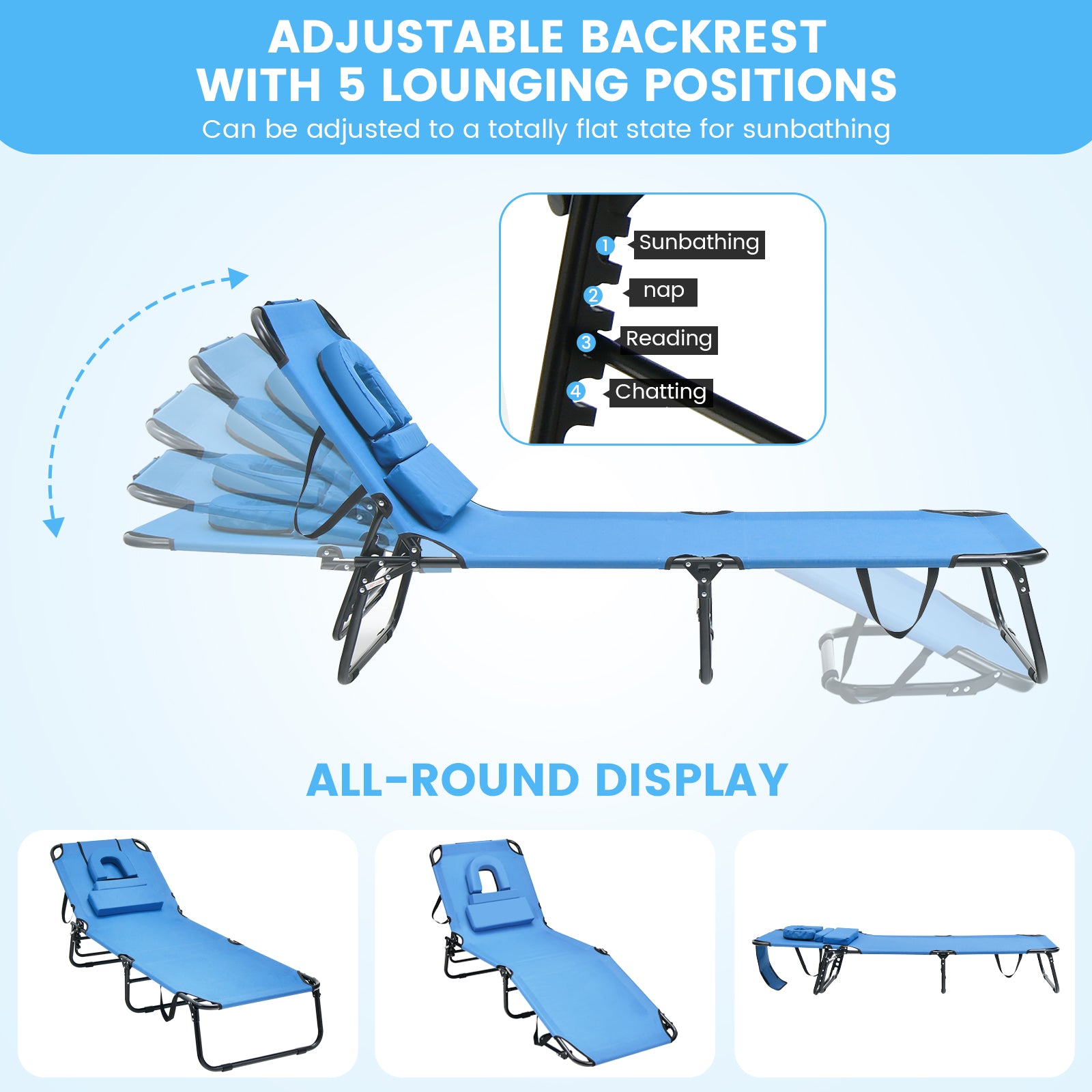 Beach Chaise Lounge Chair With Face Hole, Removable Pillow, Blue Outdoor Chaise Lounges at Gallery Canada