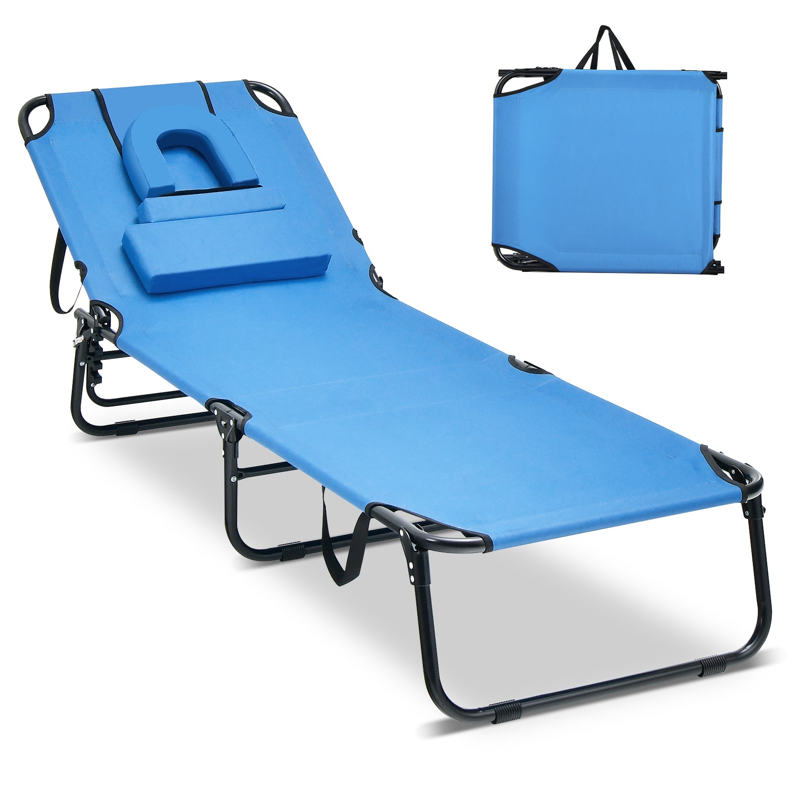 Beach Chaise Lounge Chair With Face Hole, Removable Pillow, Blue Outdoor Chaise Lounges at Gallery Canada