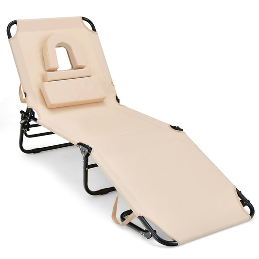 Beach Chaise Lounge Chair with Face Hole and Removable Pillow, Beige Outdoor Chaise Lounges Beige at Gallery Canada