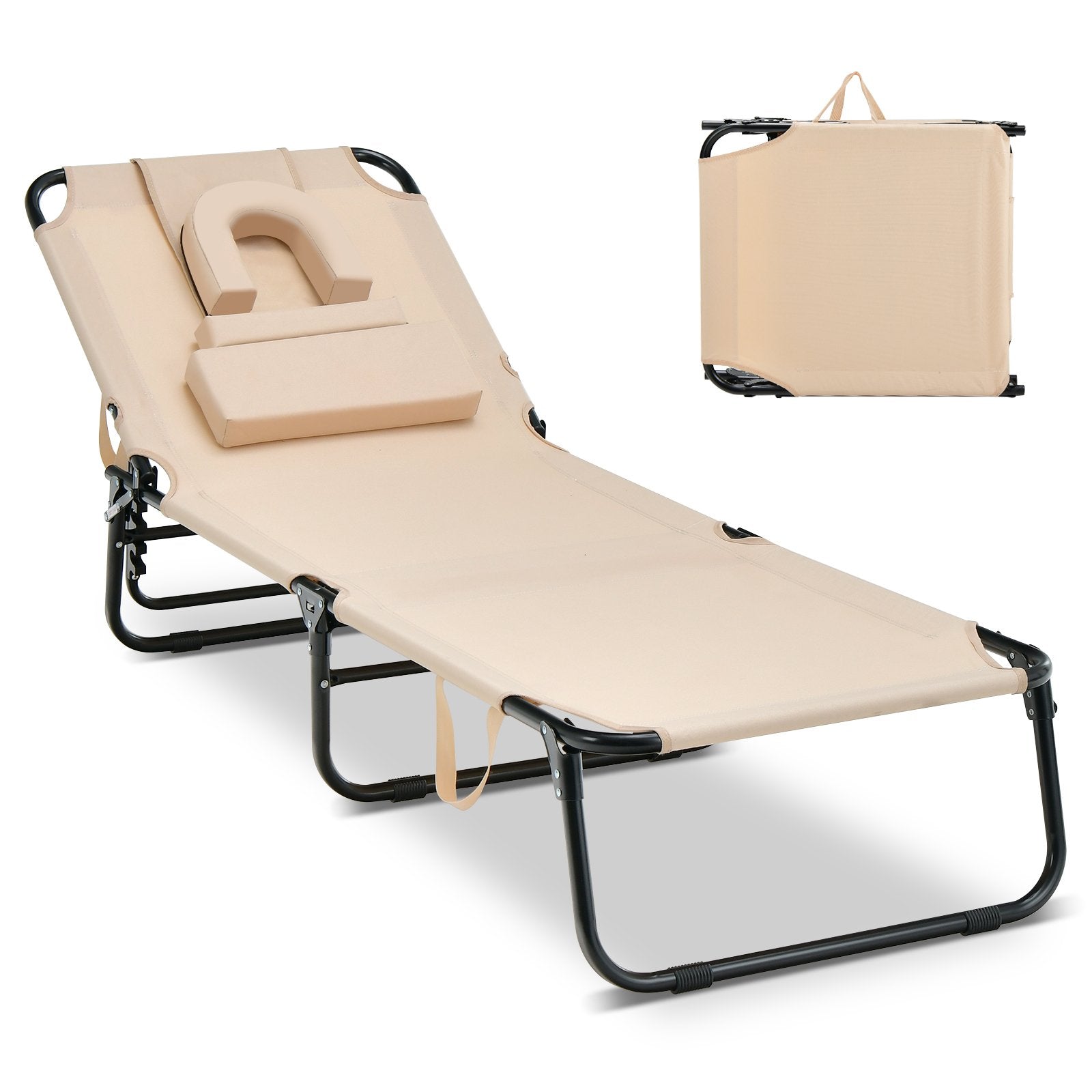 Beach Chaise Lounge Chair with Face Hole and Removable Pillow, Beige - Gallery Canada
