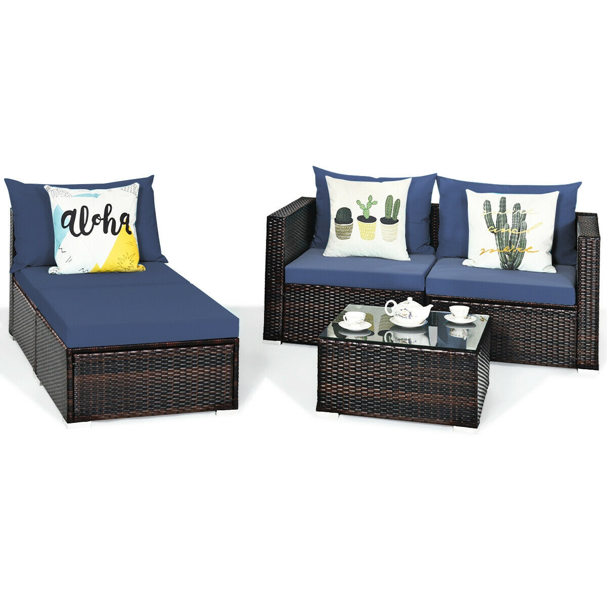 5 Pieces Patio Rattan Sectional Furniture Set with Cushions and Coffee Table , Navy Outdoor Sectionals at Gallery Canada