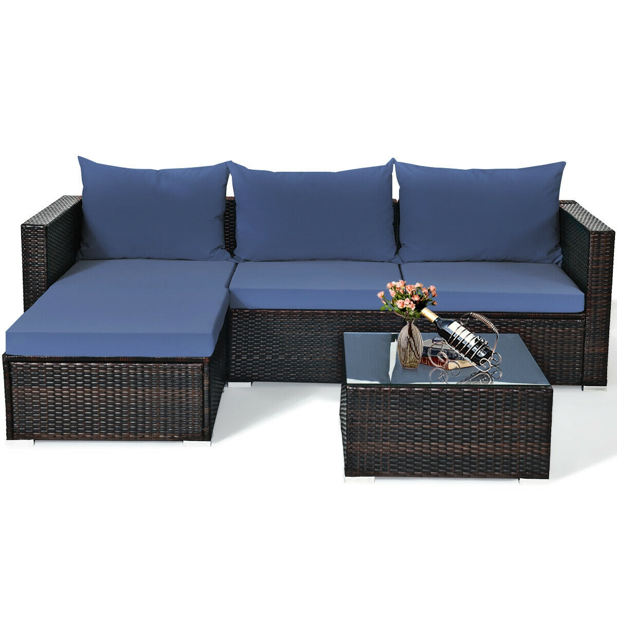 5 Pieces Patio Rattan Sectional Furniture Set with Cushions and Coffee Table , Navy Outdoor Sectionals at Gallery Canada