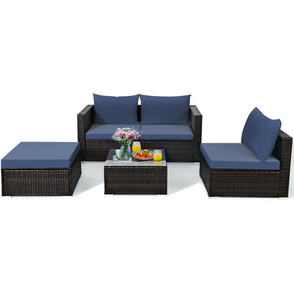 5 Pieces Patio Rattan Sectional Furniture Set with Cushions and Coffee Table , Navy Outdoor Sectionals at Gallery Canada