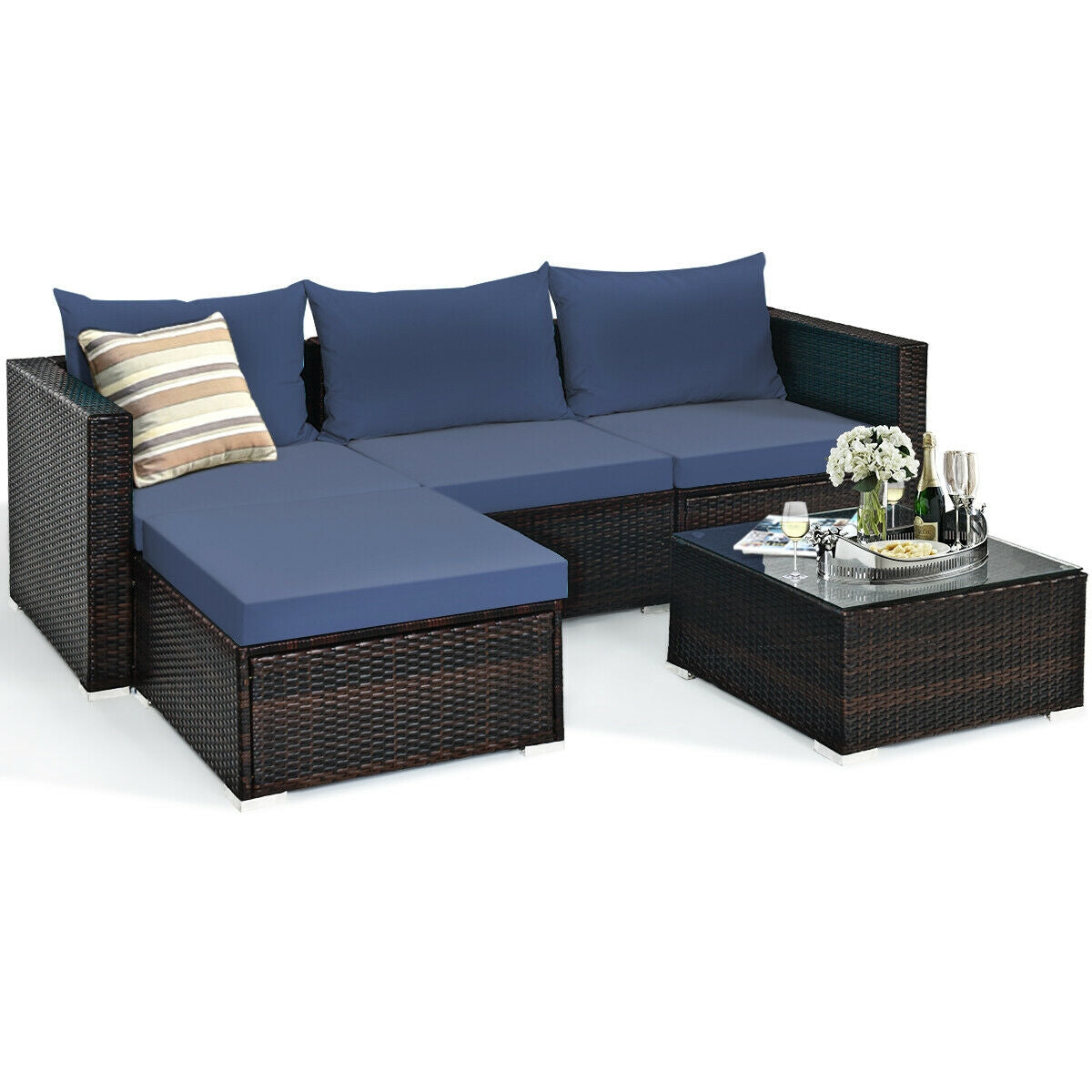 5 Piece Patio Rattan Sectional Set, Navy Outdoor Sectionals Navy at Gallery Canada