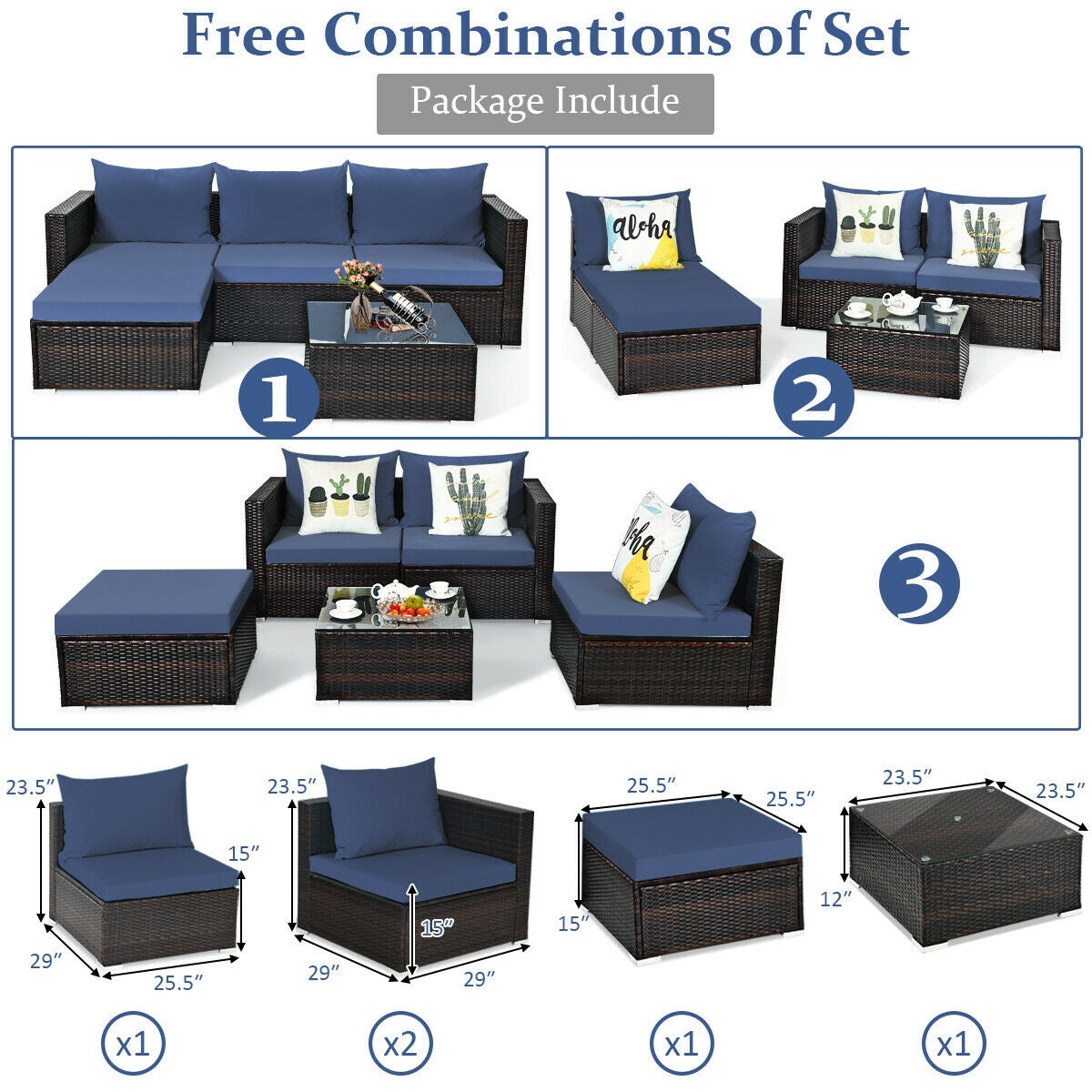 5 Pieces Patio Rattan Sectional Furniture Set with Cushions and Coffee Table , Navy Outdoor Sectionals at Gallery Canada