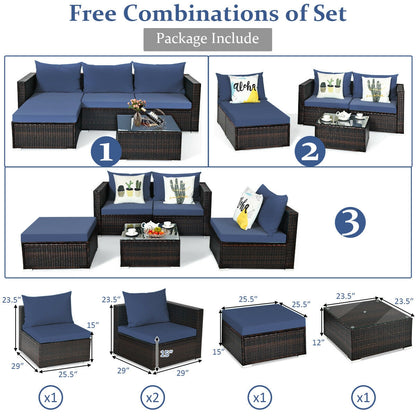 5 Pieces Patio Rattan Sectional Furniture Set with Cushions and Coffee Table , Navy Outdoor Sectionals at Gallery Canada