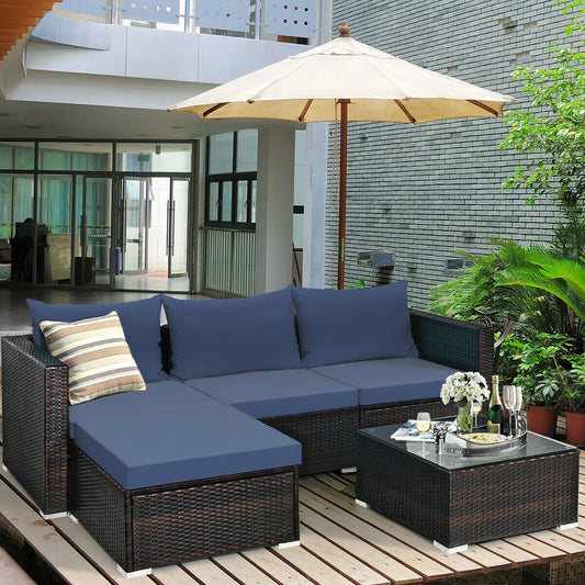 5 Pieces Patio Rattan Sectional Furniture Set with Cushions and Coffee Table , Navy - Gallery Canada