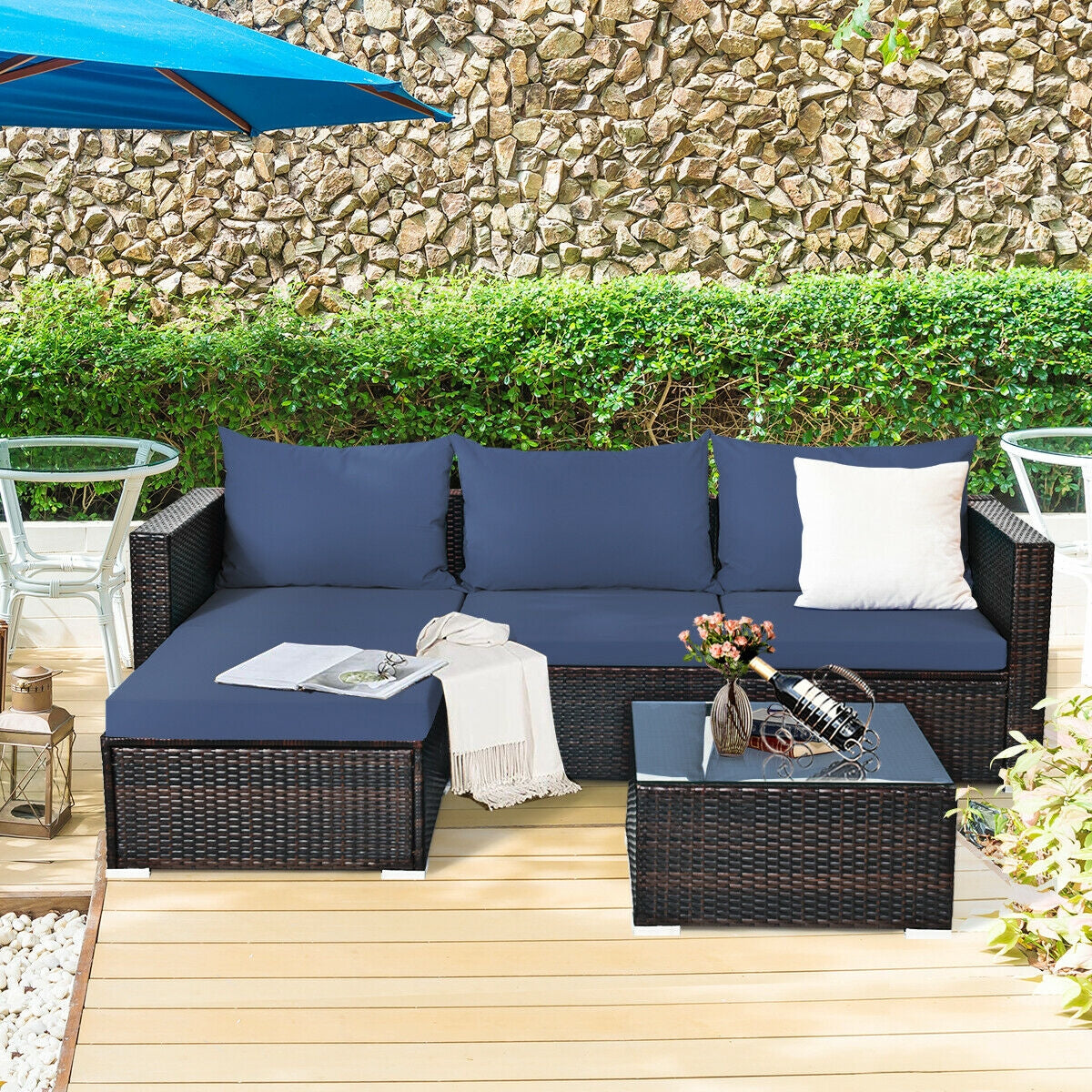 5 Pieces Patio Rattan Sectional Furniture Set with Cushions and Coffee Table , Navy Outdoor Sectionals at Gallery Canada