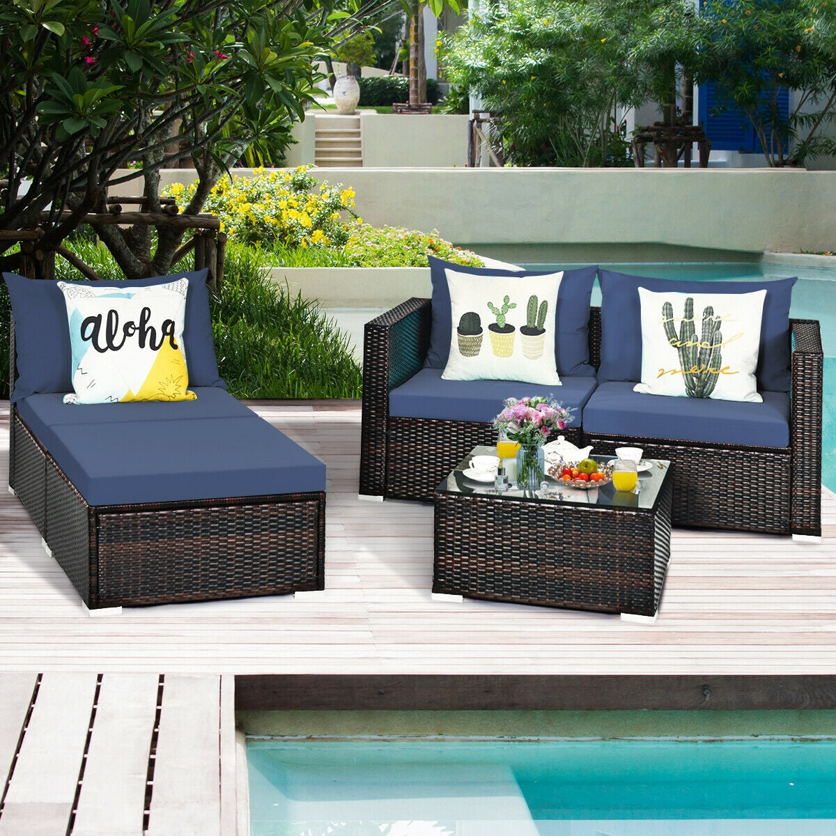 5 Pieces Patio Rattan Sectional Furniture Set with Cushions and Coffee Table , Navy Outdoor Sectionals at Gallery Canada