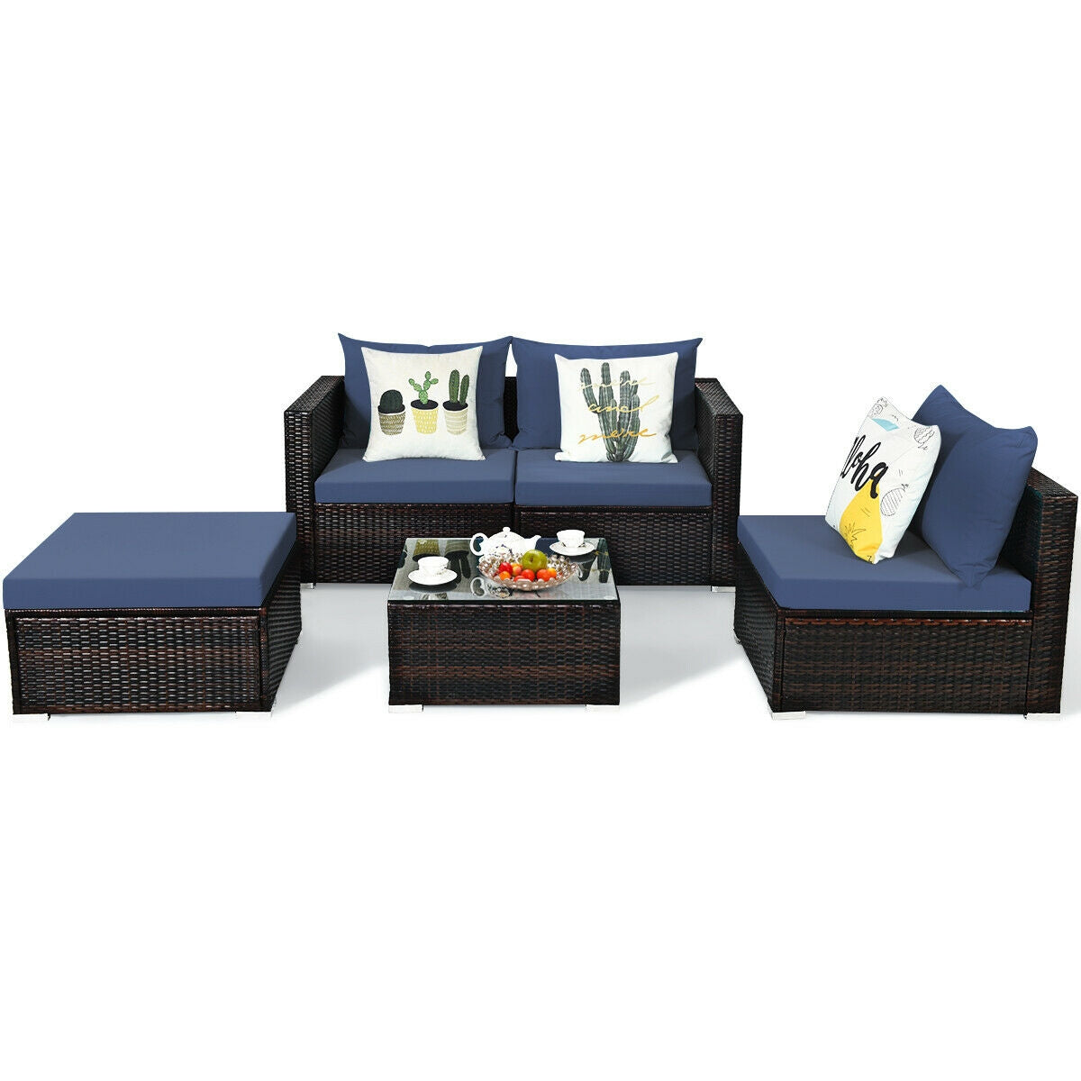 5 Pieces Patio Rattan Sectional Furniture Set with Cushions and Coffee Table , Navy Outdoor Sectionals at Gallery Canada
