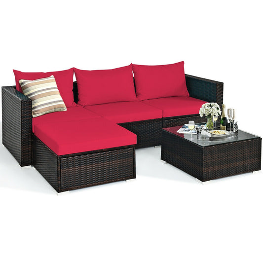 5 Piece Patio Rattan Sectional Set With Cushions, Coffee Table, Red Outdoor Sectionals Red at Gallery Canada