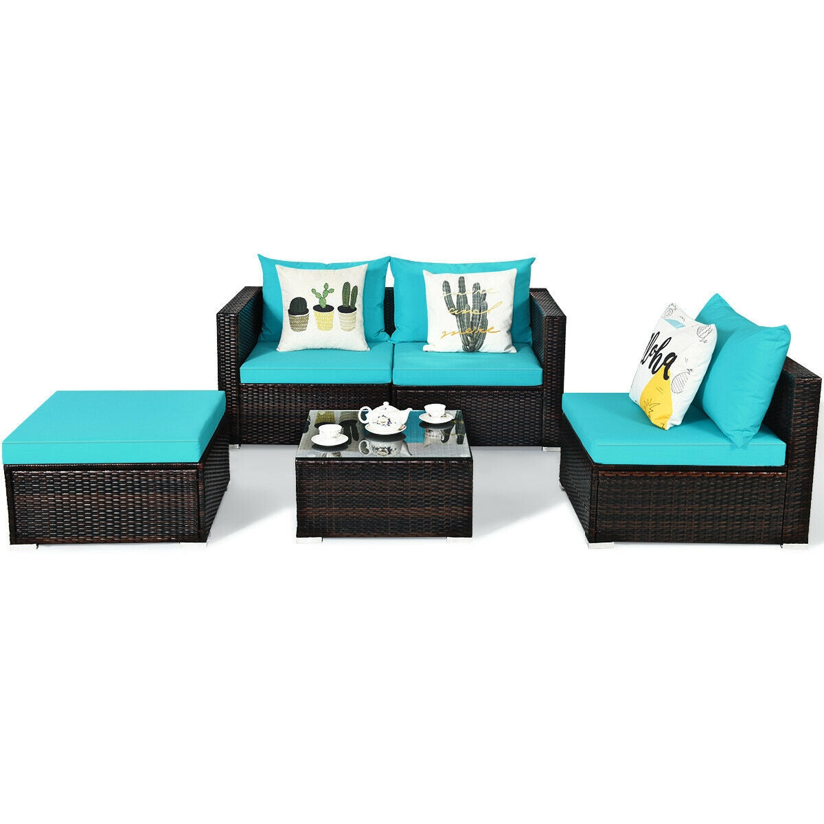 5 Pieces Patio Rattan Furniture Set with Coffee Table, Turquoise Outdoor Sectionals at Gallery Canada