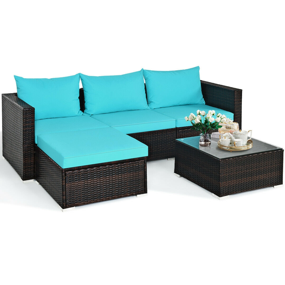 5-Piece Patio Rattan Furniture Set, Coffee Table, Turquoise