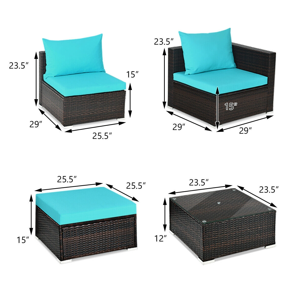 5 Pieces Patio Rattan Furniture Set with Coffee Table, Turquoise Outdoor Sectionals at Gallery Canada
