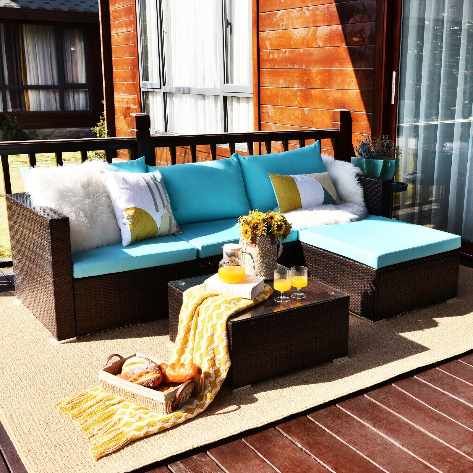 5 Pieces Patio Rattan Furniture Set with Coffee Table, Turquoise Outdoor Sectionals at Gallery Canada