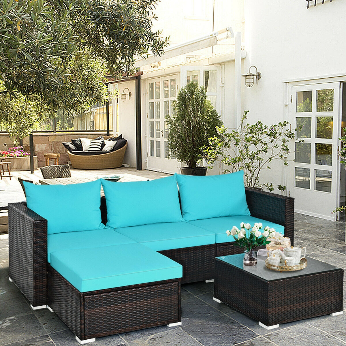 5 Pieces Patio Rattan Furniture Set with Coffee Table, Turquoise Outdoor Sectionals at Gallery Canada