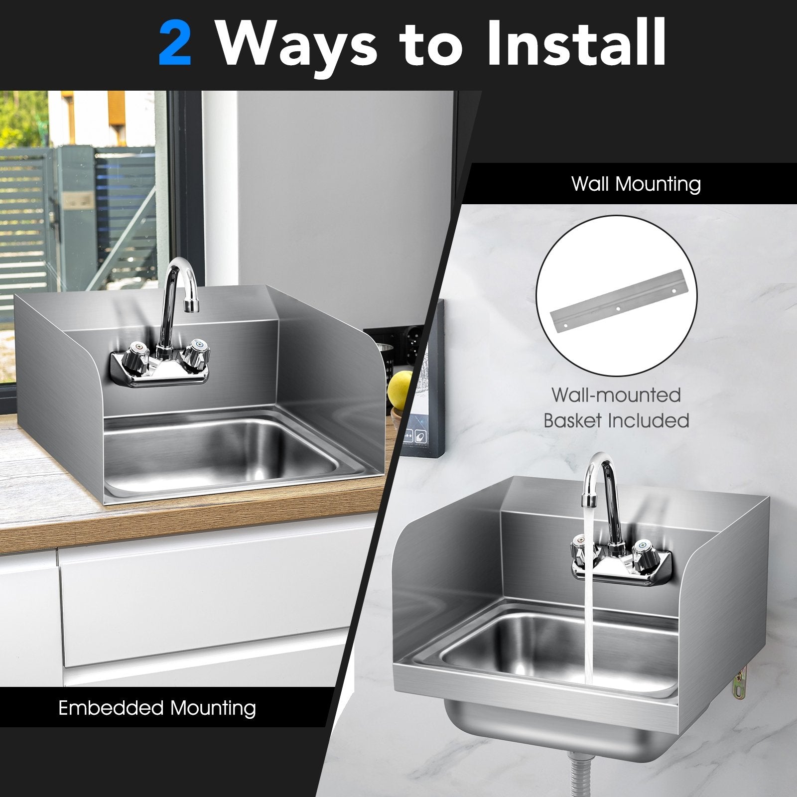 Stainless Steel Sink Wall Mount Hand Washing Sink with Faucet and Side Splash, Silver at Gallery Canada
