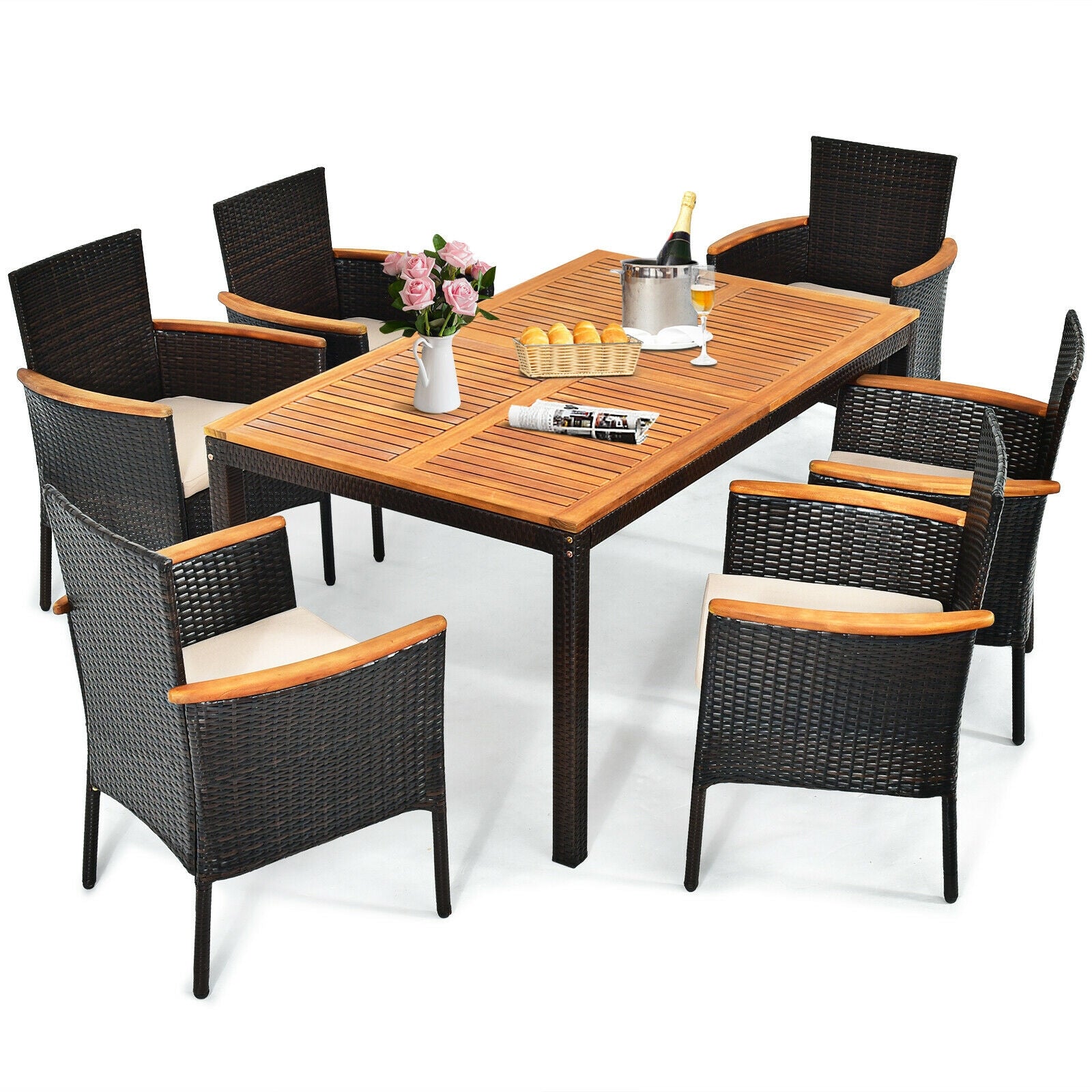 7 Piece Rattan Dining Set, With Cushioned Armchairs, Umbrella Hole, Brown Patio Dining Sets at Gallery Canada