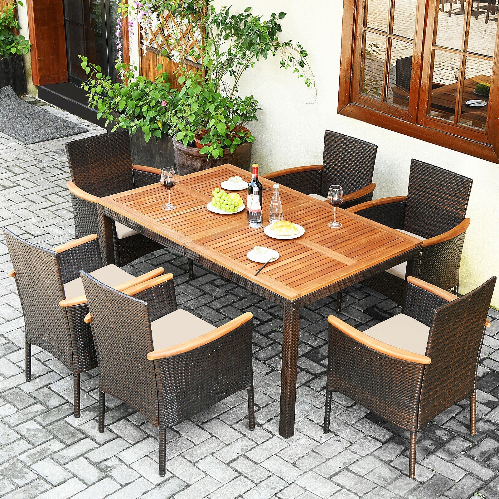 7 Piece Rattan Dining Set, With Cushioned Armchairs, Umbrella Hole, Brown Patio Dining Sets at Gallery Canada