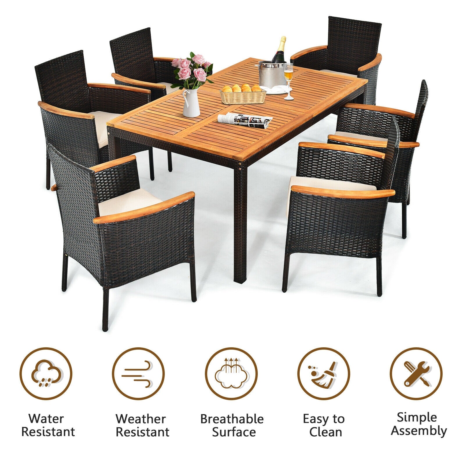 7 Piece Rattan Dining Set, With Cushioned Armchairs, Umbrella Hole, Brown Patio Dining Sets at Gallery Canada