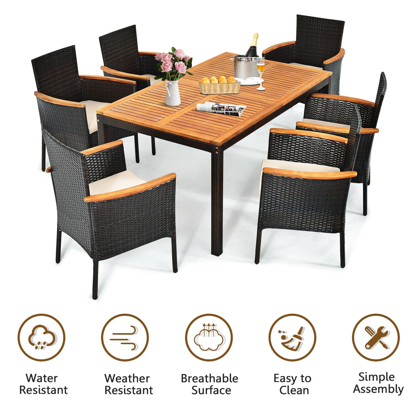 7 Piece Rattan Dining Set, With Cushioned Armchairs, Umbrella Hole, Brown Patio Dining Sets at Gallery Canada