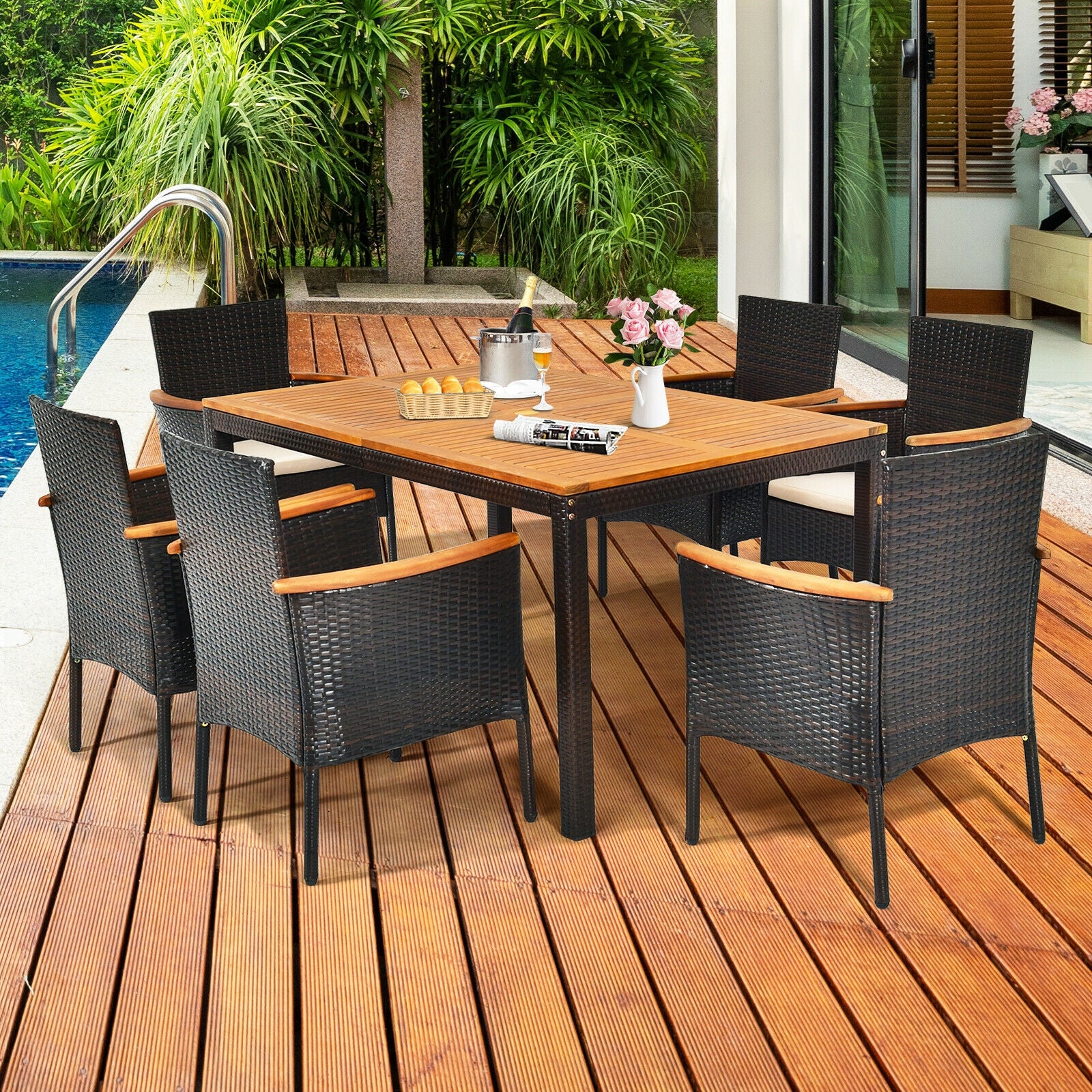 7 Piece Rattan Dining Set, With Cushioned Armchairs, Umbrella Hole, Brown Patio Dining Sets at Gallery Canada