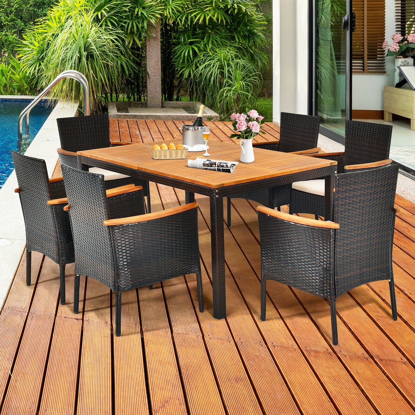 7 Piece Rattan Dining Set, With Cushioned Armchairs, Umbrella Hole, Brown Patio Dining Sets at Gallery Canada