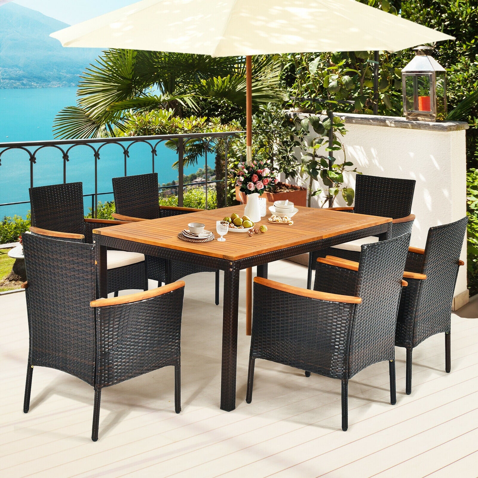 7 Piece Rattan Dining Set, With Cushioned Armchairs, Umbrella Hole, Brown Patio Dining Sets at Gallery Canada
