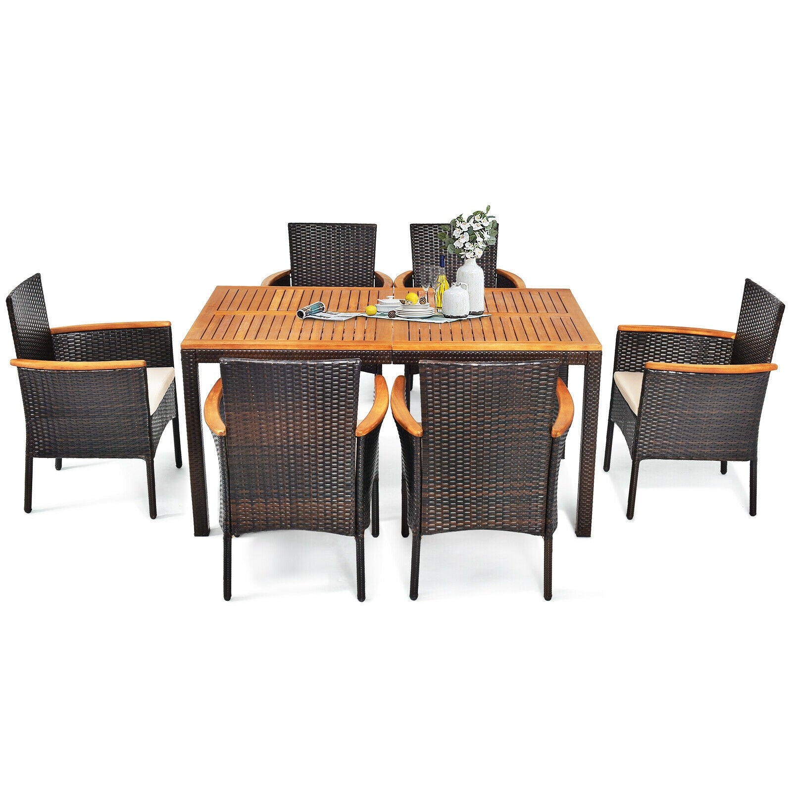 7 Piece Rattan Dining Set, With Cushioned Armchairs, Umbrella Hole, Brown Patio Dining Sets at Gallery Canada