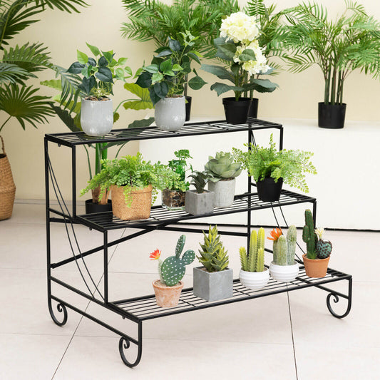 3-Tier Mental Plant Stand with Grid Shelf, Black - Gallery Canada