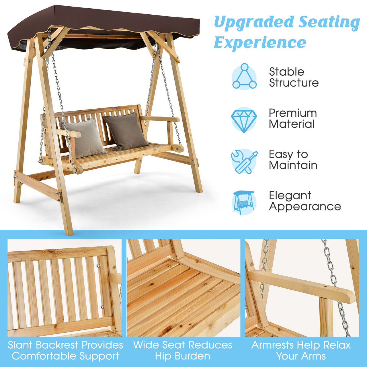 Patio Wooden Swing Bench Chair with Adjustable Canopy for 2 Persons - Gallery View 7 of 10