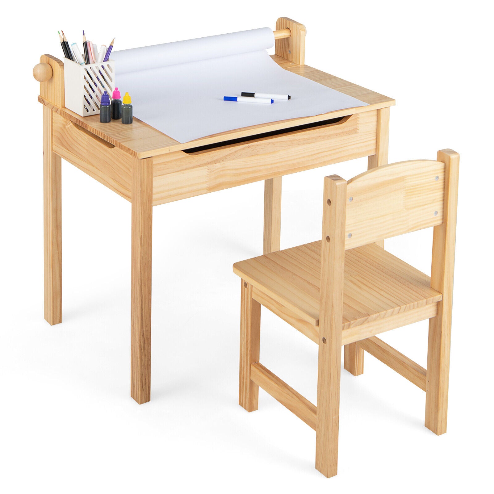 Toddler Multifunctional Activity Table and Chair Set with Paper Roll Holder, Natural Kids Table & Chair Sets Natural at Gallery Canada