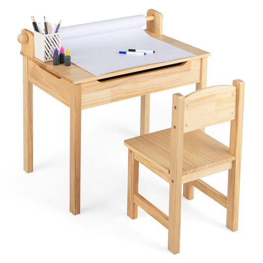 Toddler Multifunctional Activity Table and Chair Set with Paper Roll Holder, Natural Kids Table & Chair Sets Natural at Gallery Canada