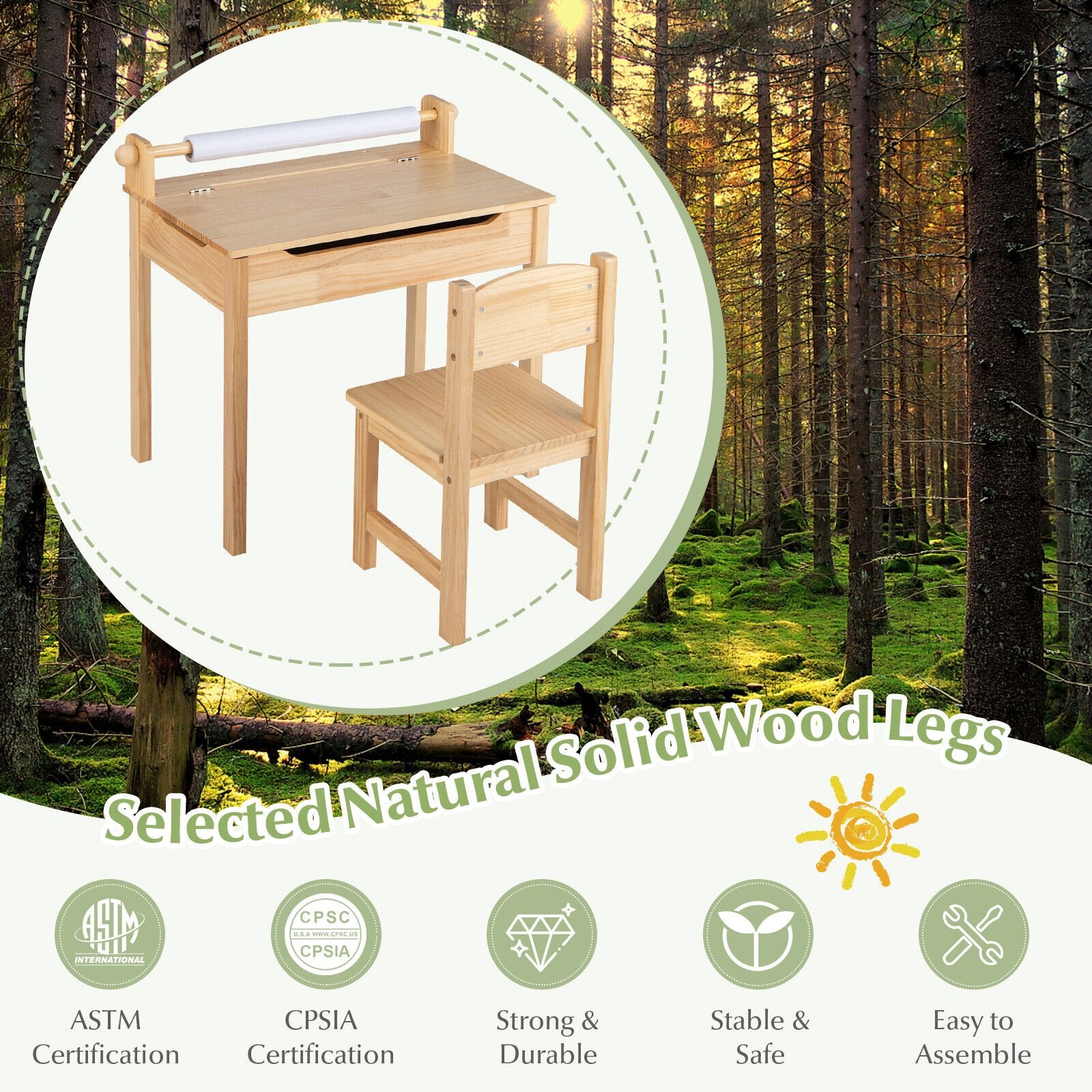 Toddler Multifunctional Activity Table and Chair Set with Paper Roll Holder, Natural - Gallery Canada