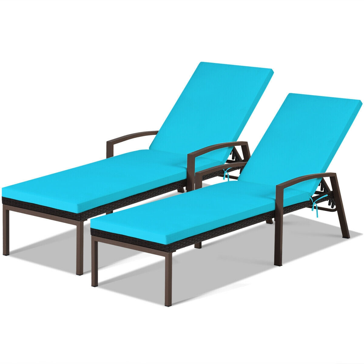 2 Pieces Patio Rattan Adjustable Back Lounge Chair with Armrest and Removable Cushions, Turquoise Outdoor Chaise Lounges at Gallery Canada