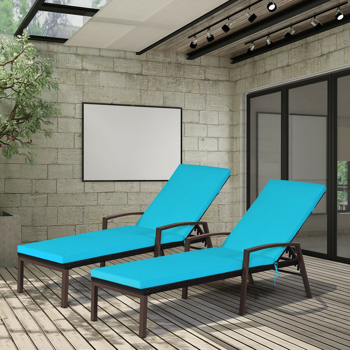 2 Pieces Patio Rattan Adjustable Back Lounge Chair with Armrest and Removable Cushions, Turquoise Outdoor Chaise Lounges at Gallery Canada