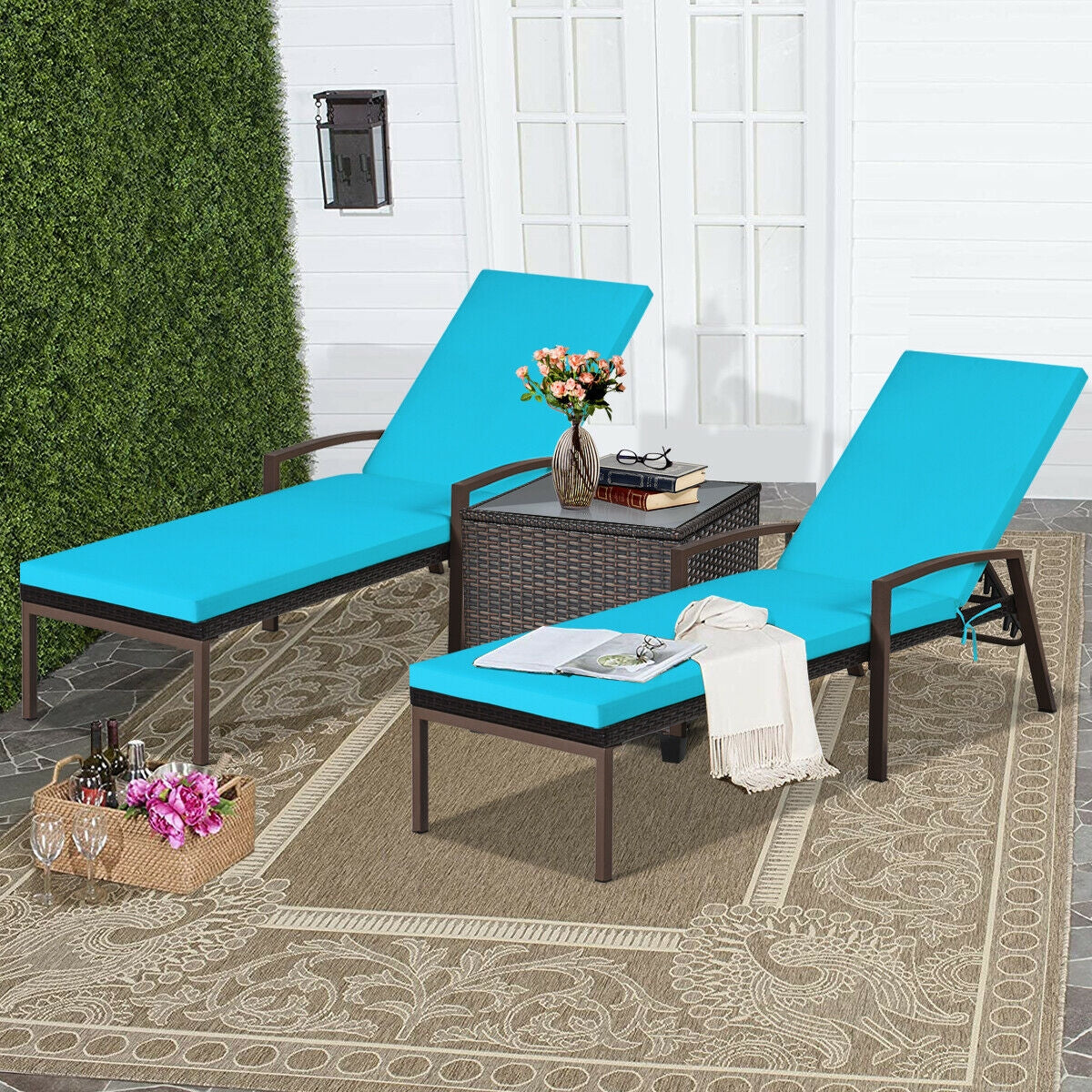 2 Pieces Patio Rattan Adjustable Back Lounge Chair with Armrest and Removable Cushions, Turquoise Outdoor Chaise Lounges at Gallery Canada