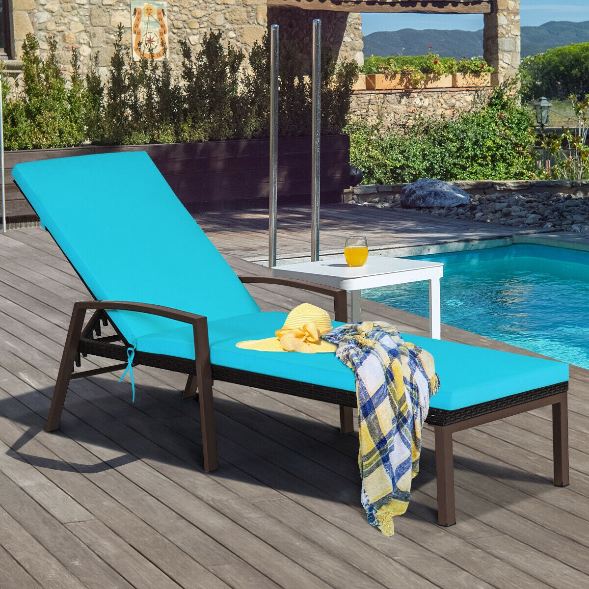 2 Pieces Patio Rattan Adjustable Back Lounge Chair with Armrest and Removable Cushions, Turquoise Outdoor Chaise Lounges at Gallery Canada