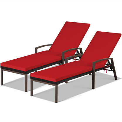 2 Pieces Patio Rattan Adjustable Back Lounge Chair with Armrest and Removable Cushions, Red Outdoor Chaise Lounges at Gallery Canada