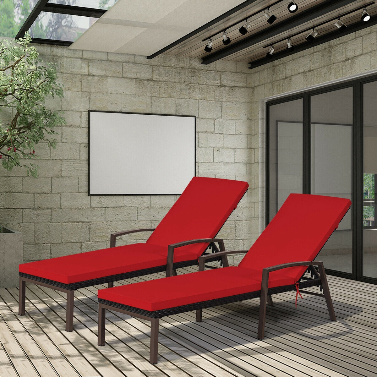 2 Pieces Patio Rattan Adjustable Back Lounge Chair with Armrest and Removable Cushions, Red Outdoor Chaise Lounges at Gallery Canada