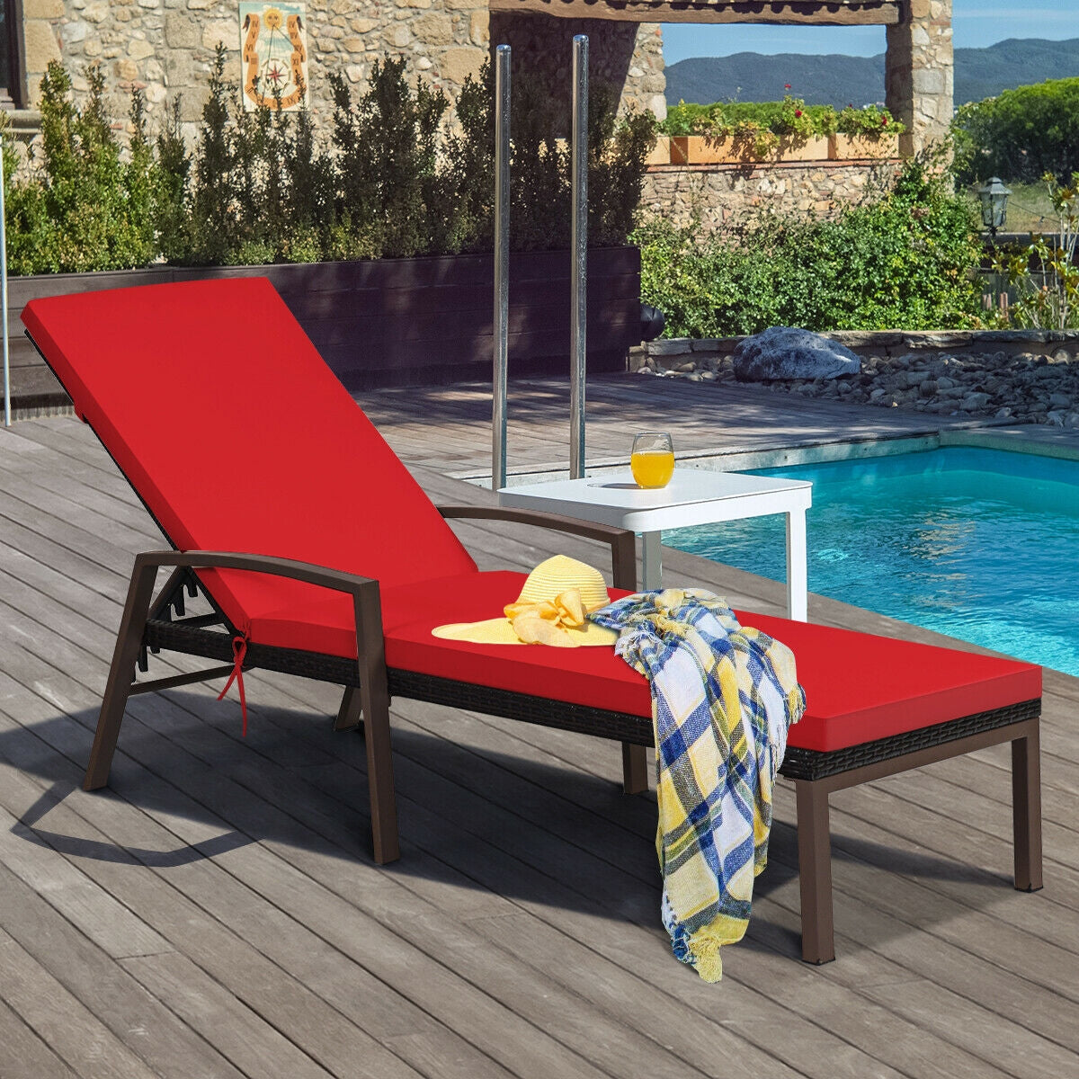 2 Pieces Patio Rattan Adjustable Back Lounge Chair with Armrest and Removable Cushions, Red Outdoor Chaise Lounges at Gallery Canada