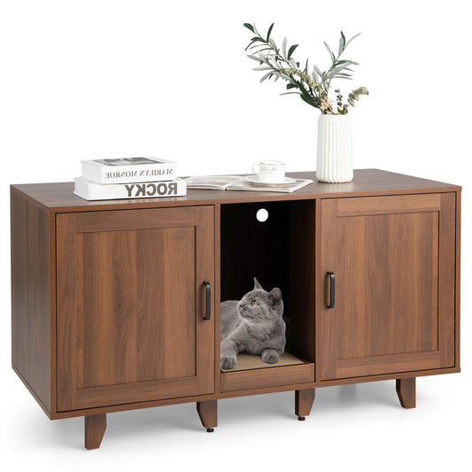 2-Door Cat Litter Box Enclosure, Winding Entry, Scratching Board, Brown Cat Houses Brown at Gallery Canada