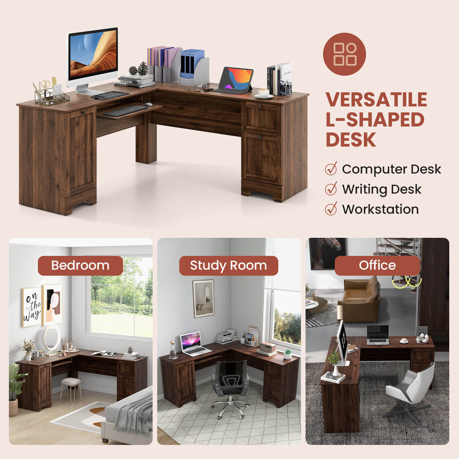 L-Shaped Office Desk with Storage Drawers and Keyboard Tray, Walnut - Gallery Canada