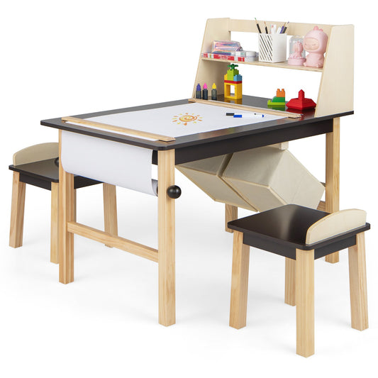 Kids Art Table and Chairs Set with Paper Roll and Storage Bins, Coffee - Gallery Canada