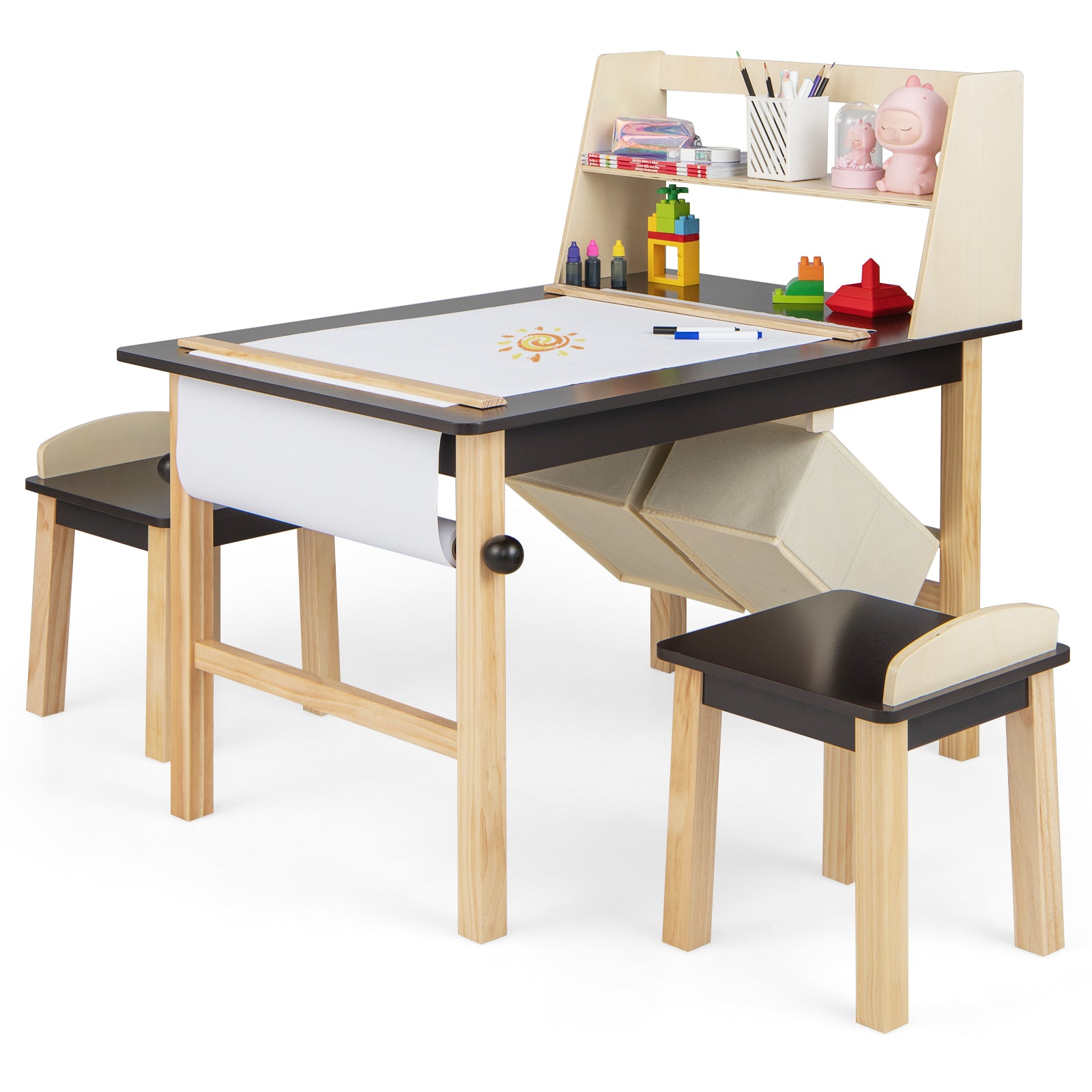 Kids Art Table And Chairs Set, With Paper Roll And Storage Bins, Coffee Kids Table & Chair Sets at Gallery Canada