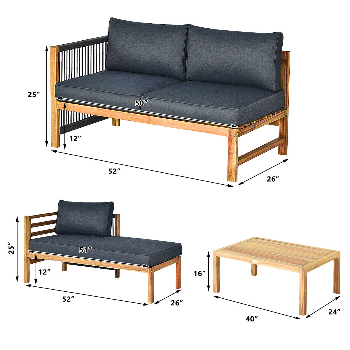 3 Piece Patio Acacia Sofa Set, Gray Outdoor Sectionals at Gallery Canada