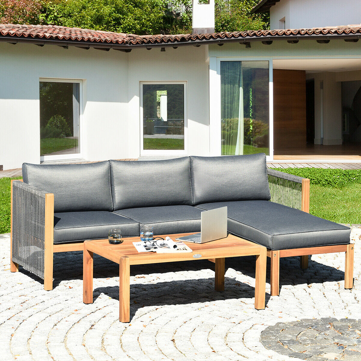 3 Piece Patio Acacia Sofa Set, Gray Outdoor Sectionals at Gallery Canada