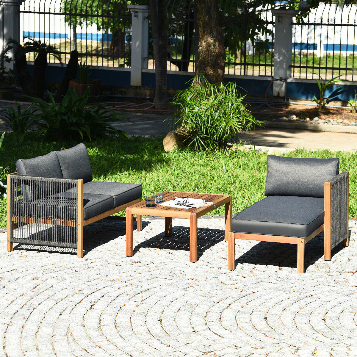 3 Piece Patio Acacia Sofa Set, Gray Outdoor Sectionals at Gallery Canada