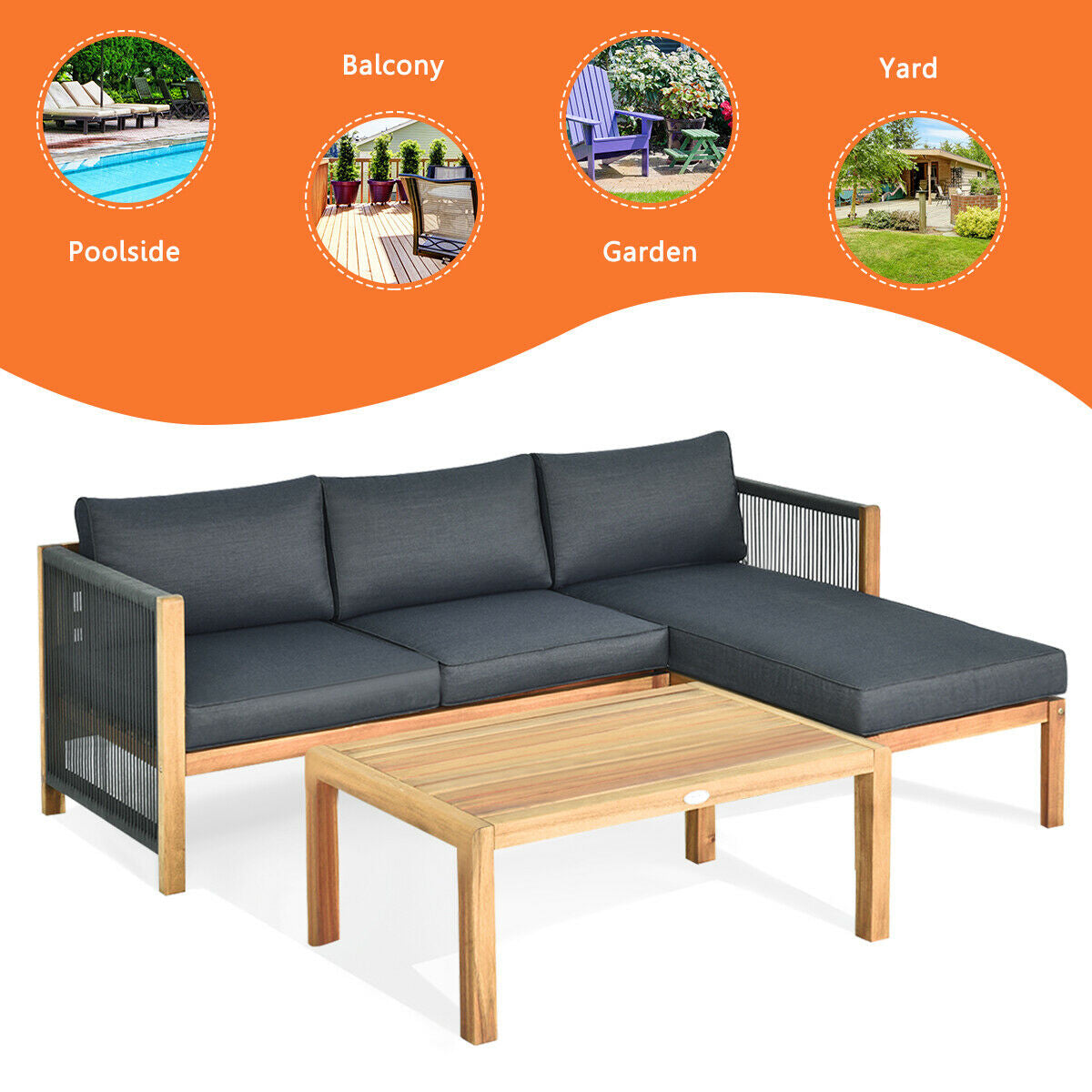 3 Piece Patio Acacia Sofa Set, Gray Outdoor Sectionals at Gallery Canada